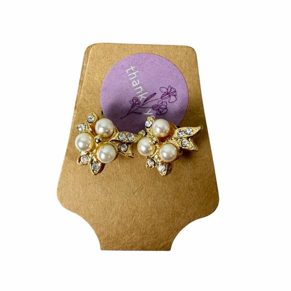 Vintage faux pearl rhinestone cluster earrings in gold tone metal